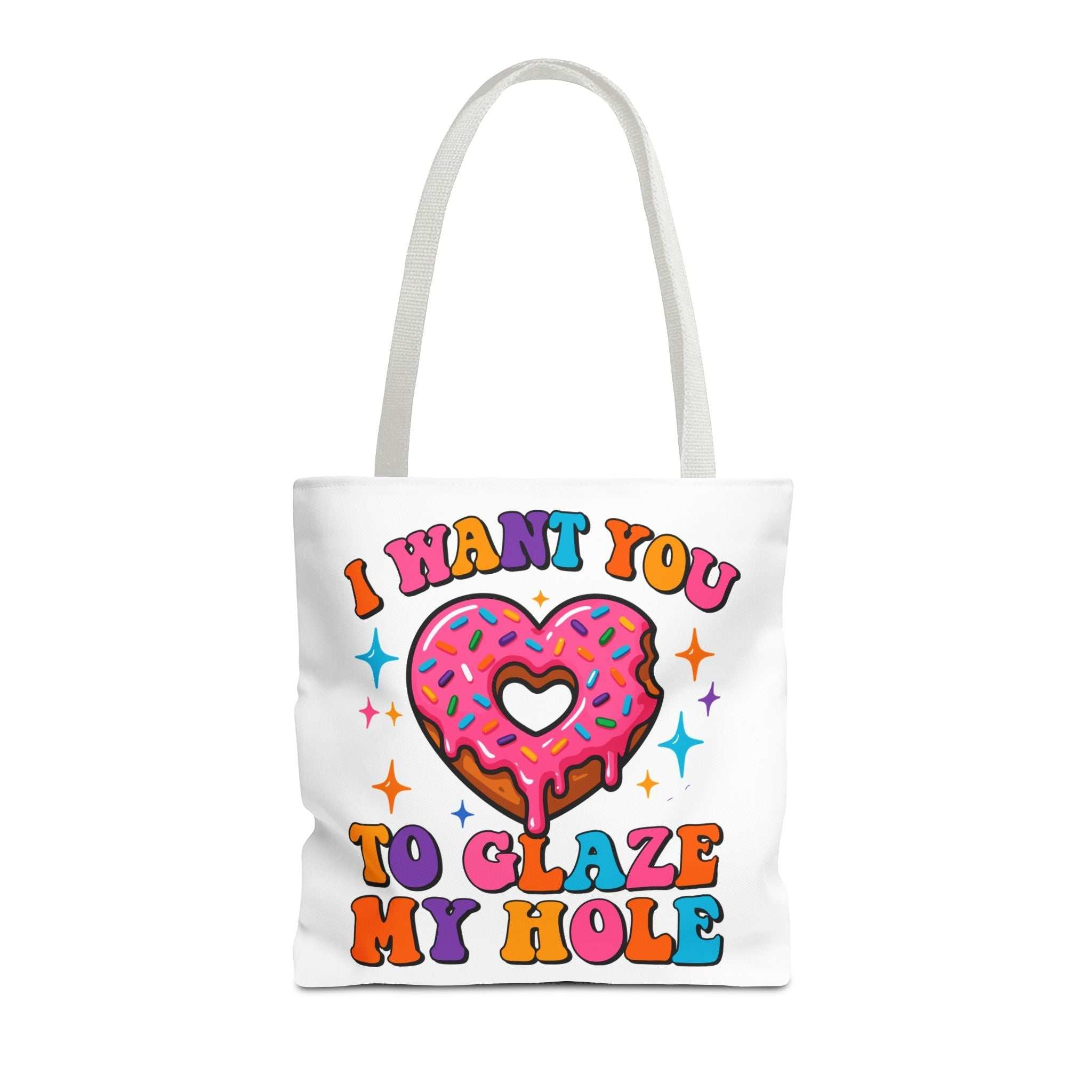 Glaze My Hole Donut Tote Bag with cheeky donut design and colorful handles, durable and reusable polyester tote for everyday use