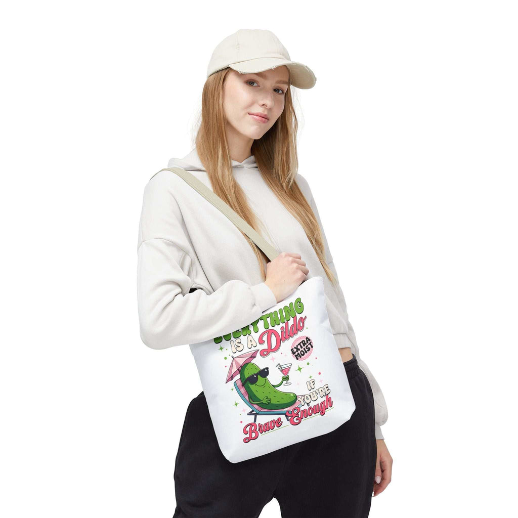 Cheeky Quote Pickle Tote Bag with playful design and multiple handle color options, made of durable spun polyester for everyday use