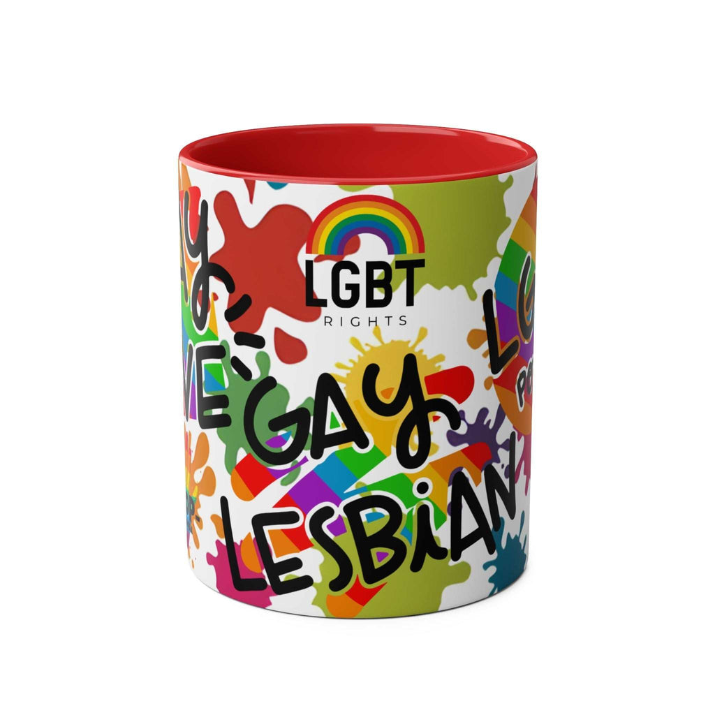 LGBTQ+ Pride mug with vibrant rainbow design, featuring terms like "gay" and "lesbian," made of ceramic.