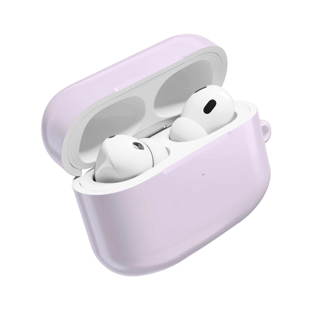 Lavender AirPods protective case with glossy finish, durable hard shell, and slim design for scratch and bump protection.