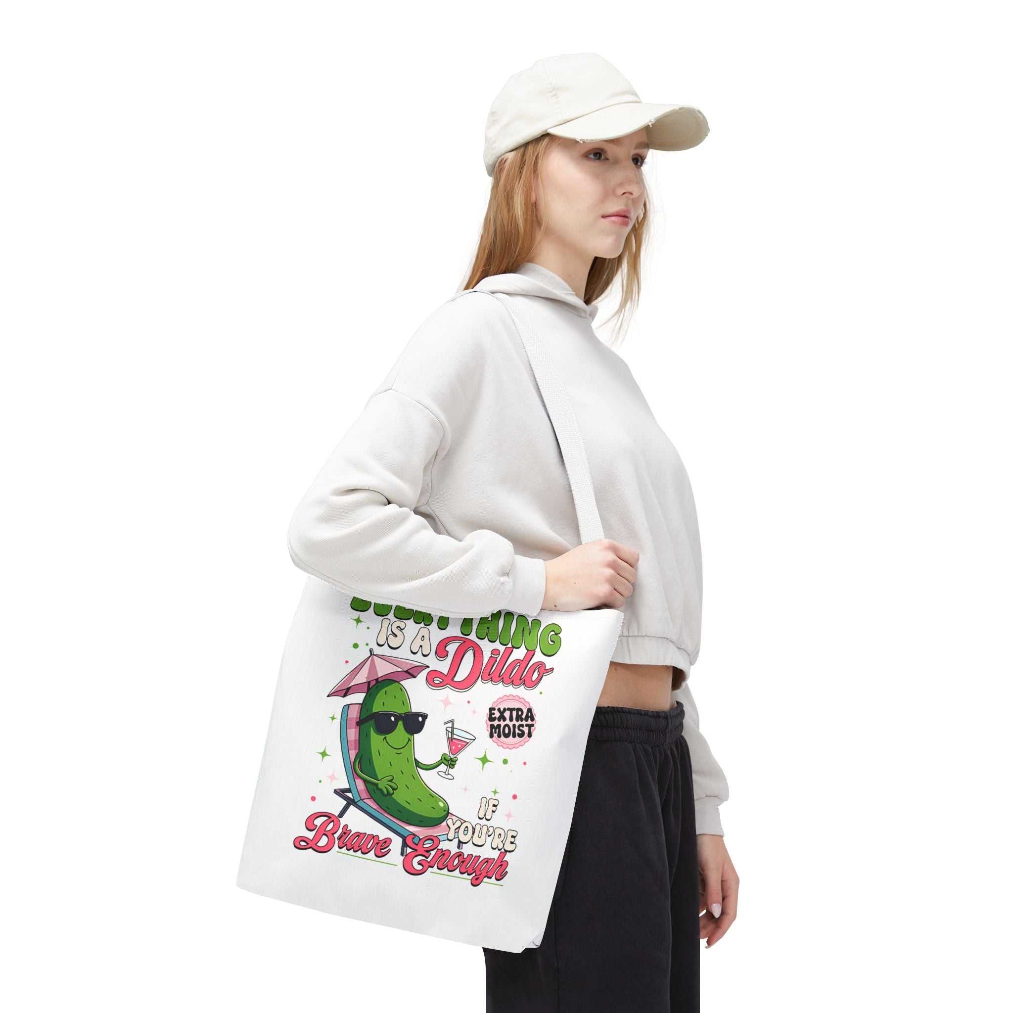 Cheeky Quote Pickle Tote Bag with fun design, durable spun polyester, multiple sizes and handle colors, perfect for daily use