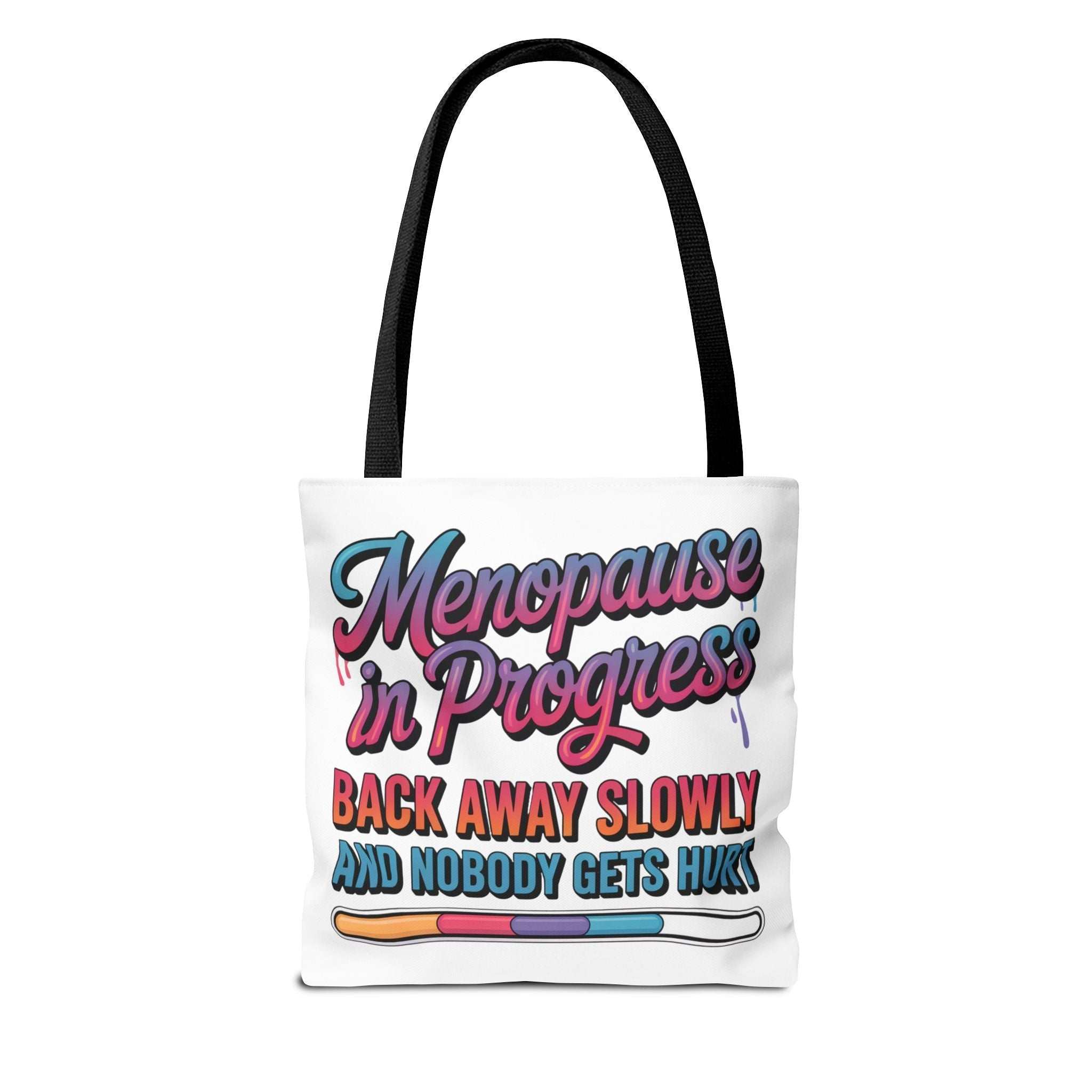 Menopause in Progress tote bag with cheeky design, durable spun polyester, multiple sizes and handle colors