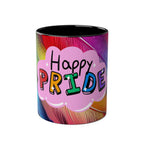 LGBTQ+ Pride mug with vibrant rainbow design and "Happy Pride" text, 11oz ceramic, glossy finish.