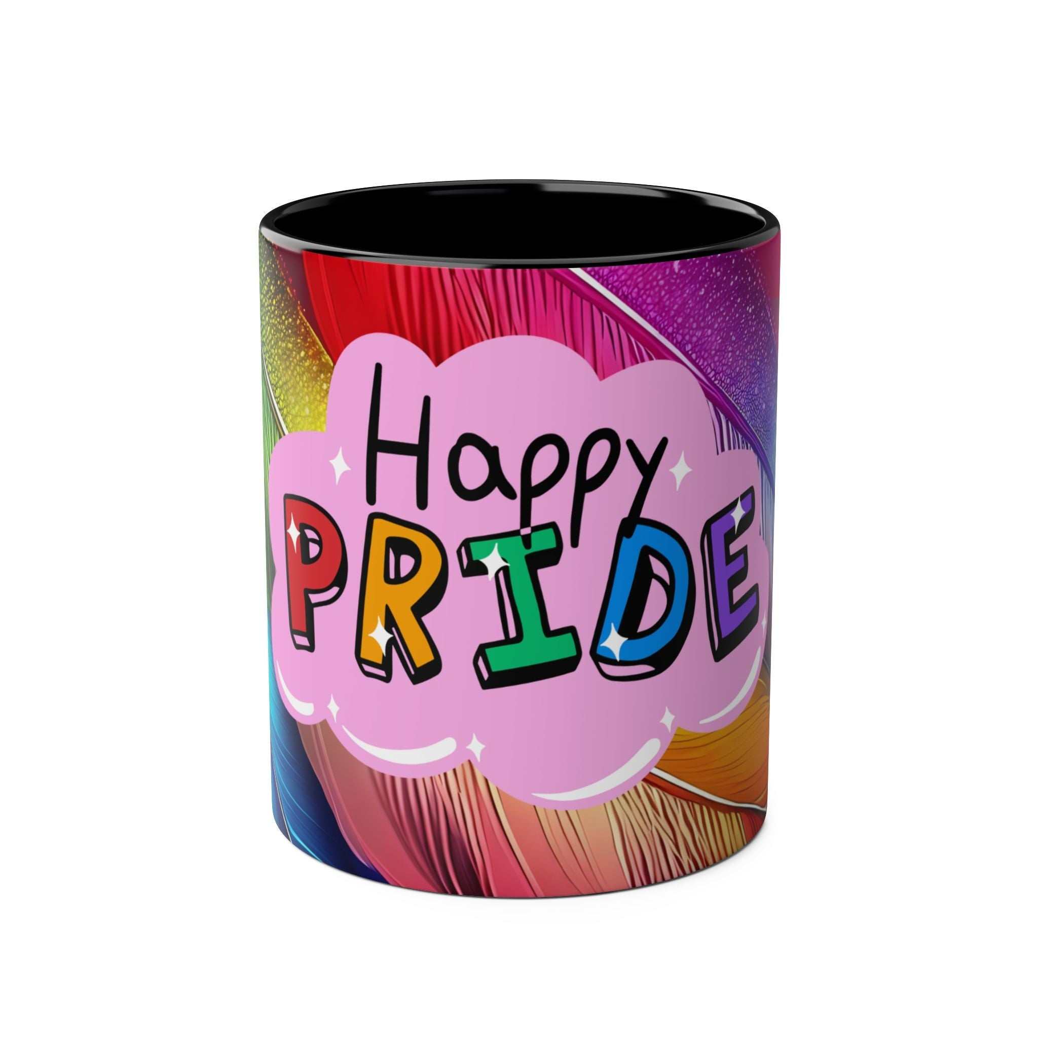 LGBTQ+ Pride mug with vibrant rainbow design and "Happy Pride" text, 11oz ceramic, glossy finish.