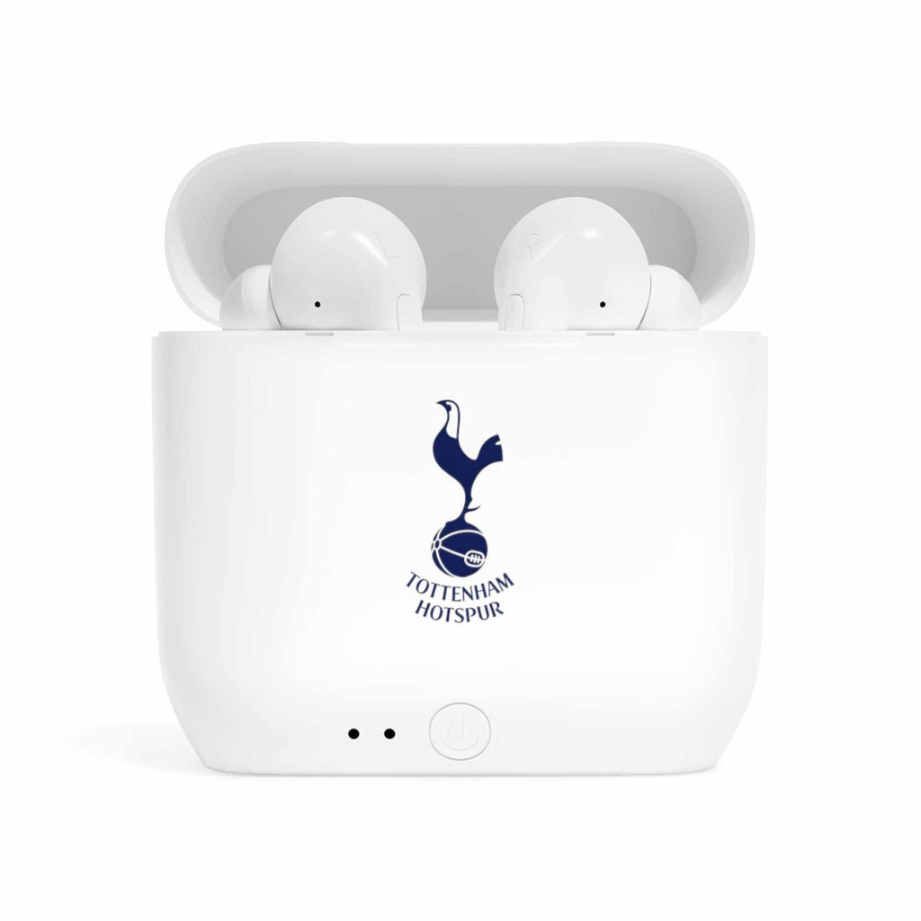 White Tottenham Fc wireless earbuds with charging case featuring fan-inspired club crest design