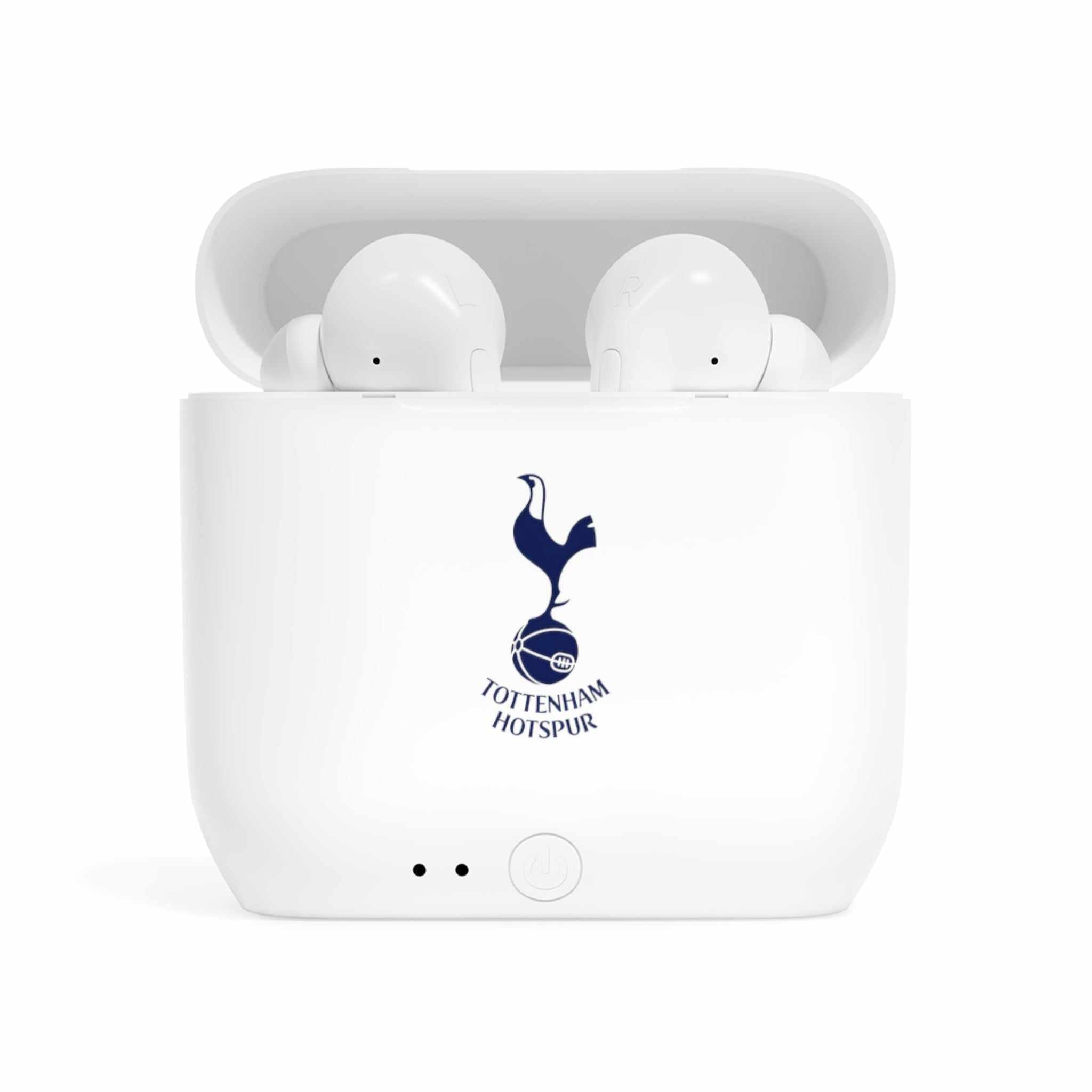 White Tottenham Fc wireless earbuds with charging case featuring fan-inspired club crest design