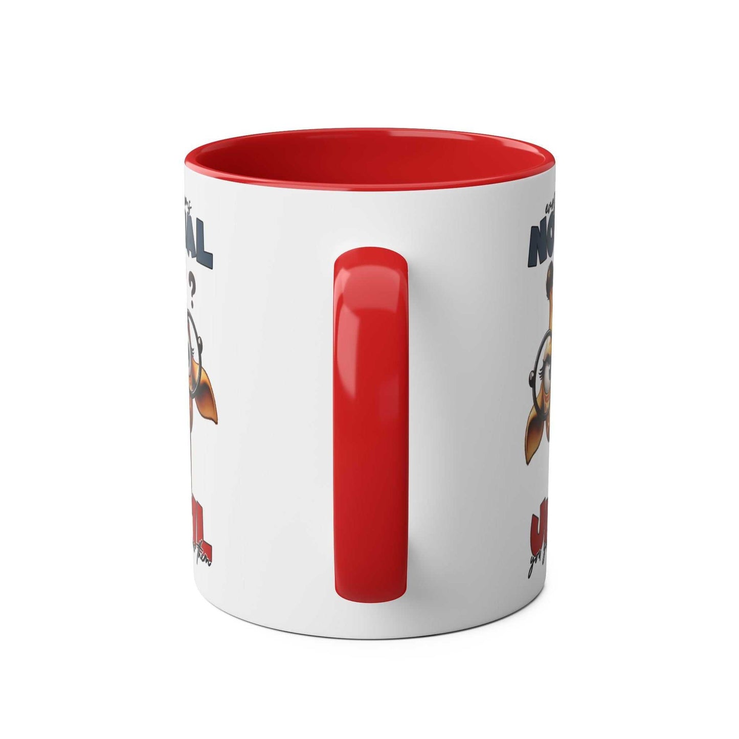 Everyones Normal Coffee Mug with a playful giraffe design and red handle.