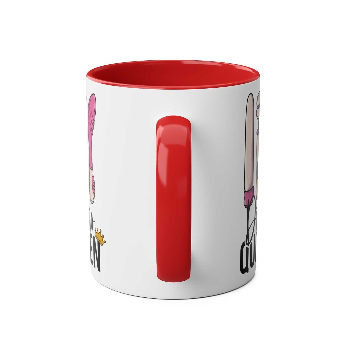 Red and white ceramic mug with cheeky Dildo Queen design, perfect gag gift.