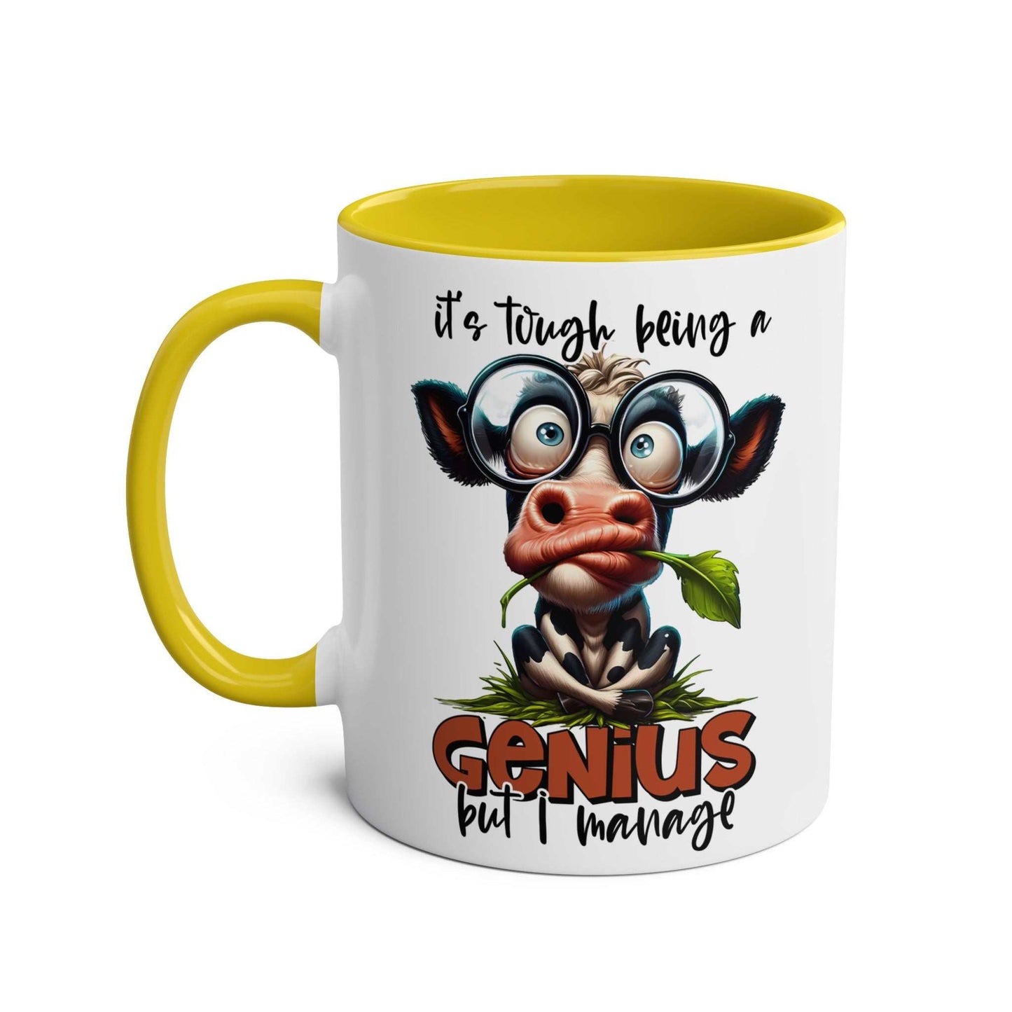 Funny animal graphic on Genius Coffee Mug with yellow handle