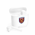 White wireless earbuds with West Ham Utd fan-inspired logo charging case