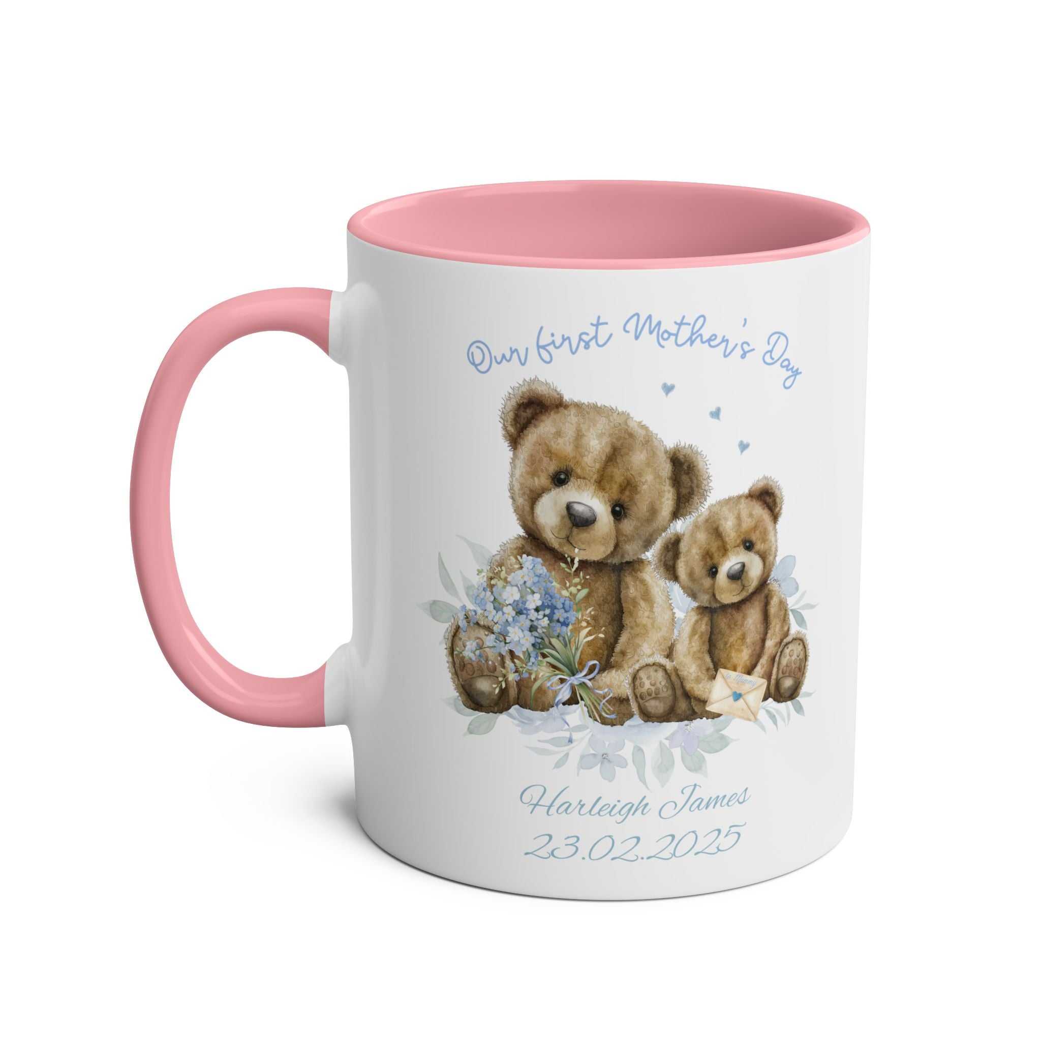 Personalised Our First Mother's Day boy gift mug with teddy bear design, pink handle, and custom message.