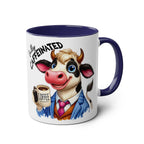 Fun Sarcastic Coffee Mug with cow design, glossy finish, and humorous text "Fully Caffeinated" in blue handle 11oz ceramic.