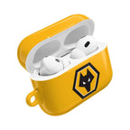 Yellow Wolves FC AirPods protective case with black wolf crest logo and glossy finish
