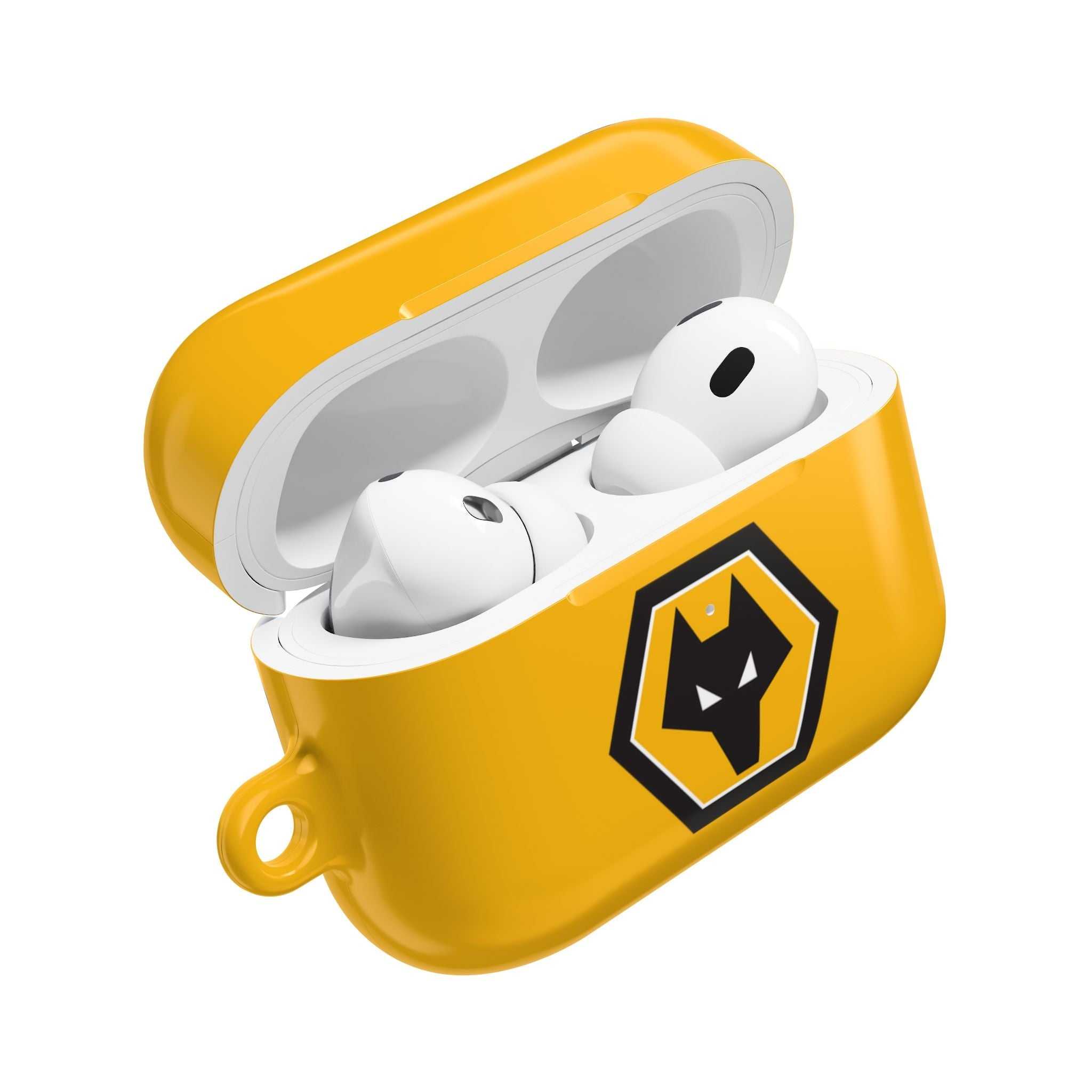 Yellow Wolves FC AirPods protective case with black wolf crest logo and glossy finish