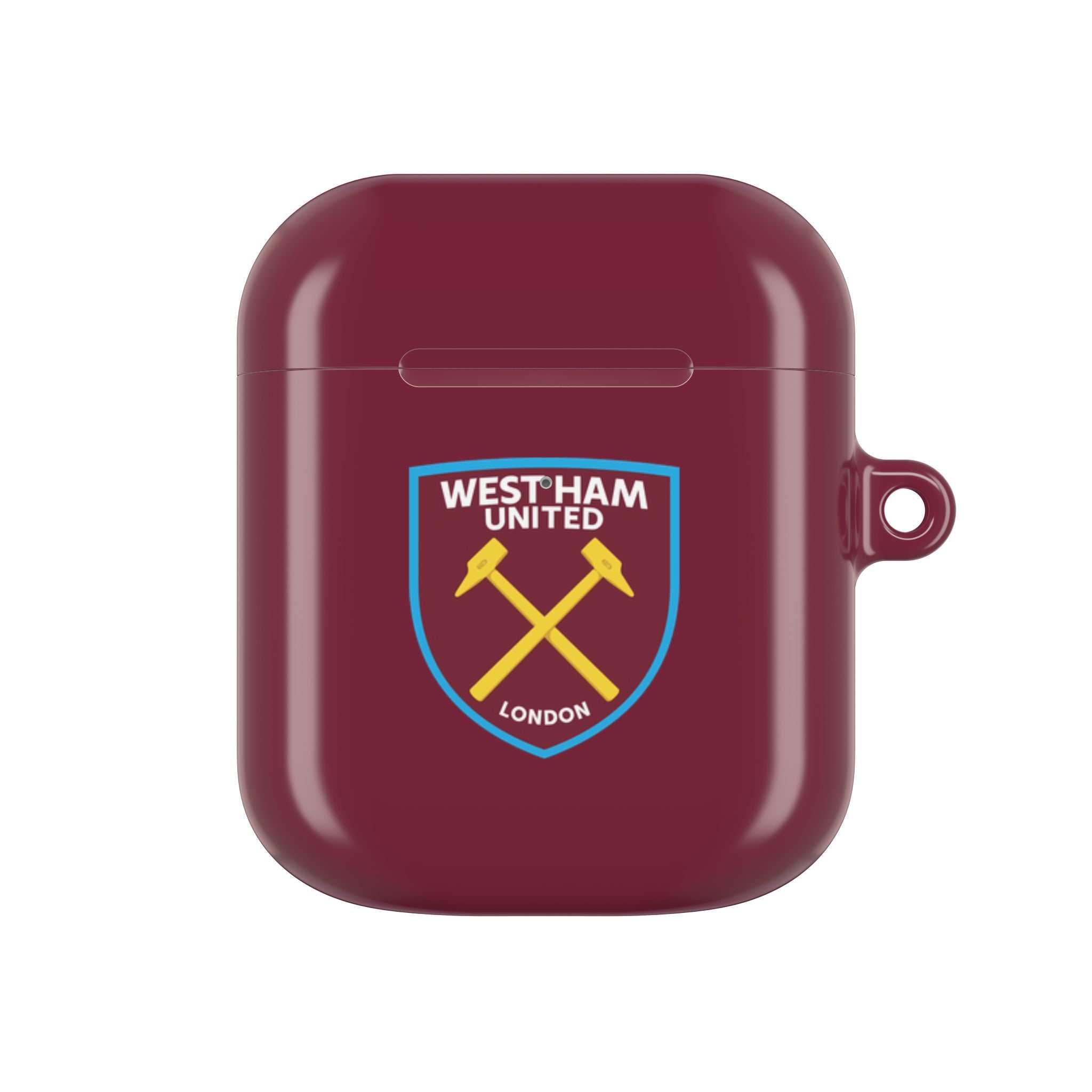 West Ham Utd FC AirPods protective case in claret with crossed hammers crest