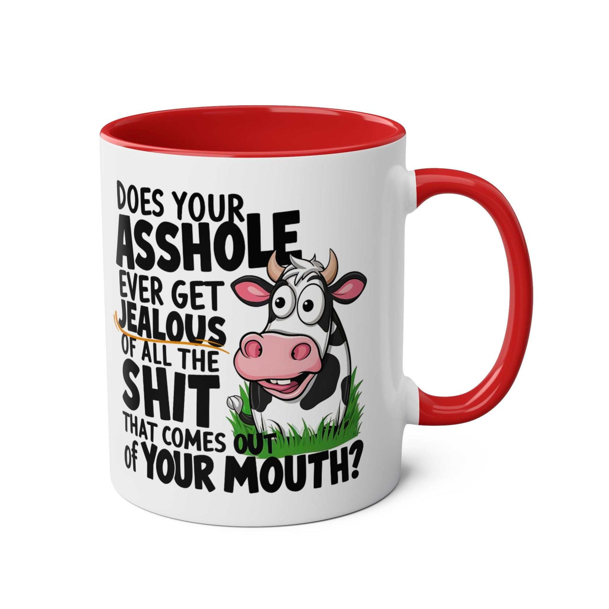 Cheeky rude ceramic two-tone mug with playful design and humorous text.