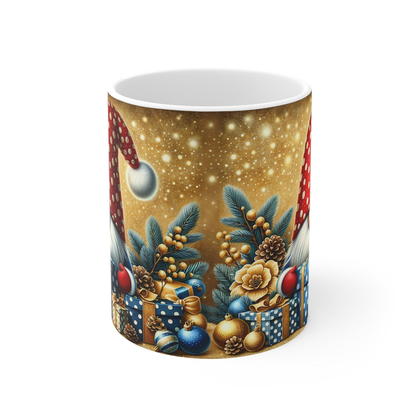 Christmas gnome mug with festive design, 11oz ceramic, perfect for holiday drinks.