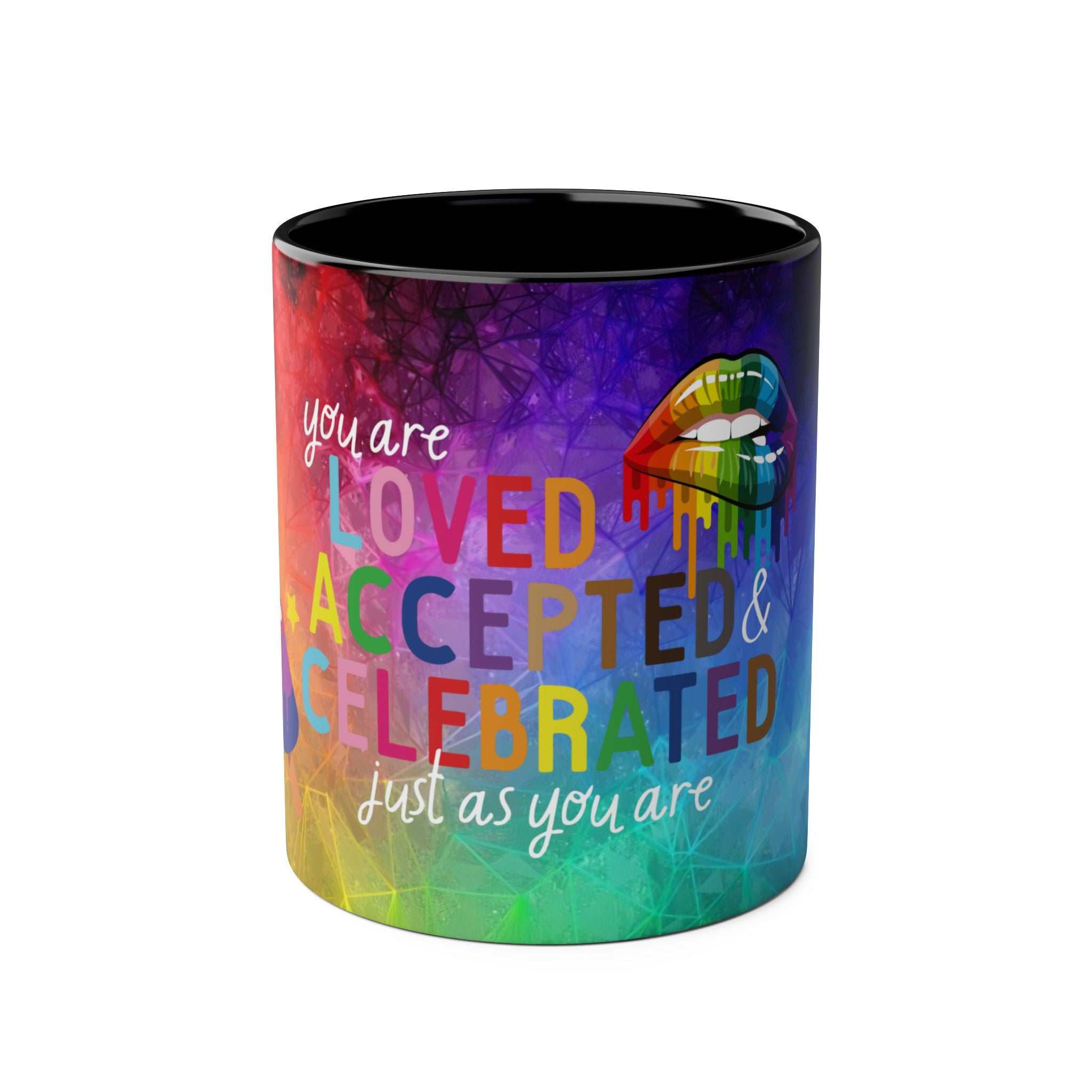 LGBTQ+ Pride Mug with vibrant rainbow design and empowering message.