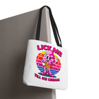 Cheeky Lick Me Till Ice Cream Tote Bag with bold print and colorful handles, durable and reusable polyester design