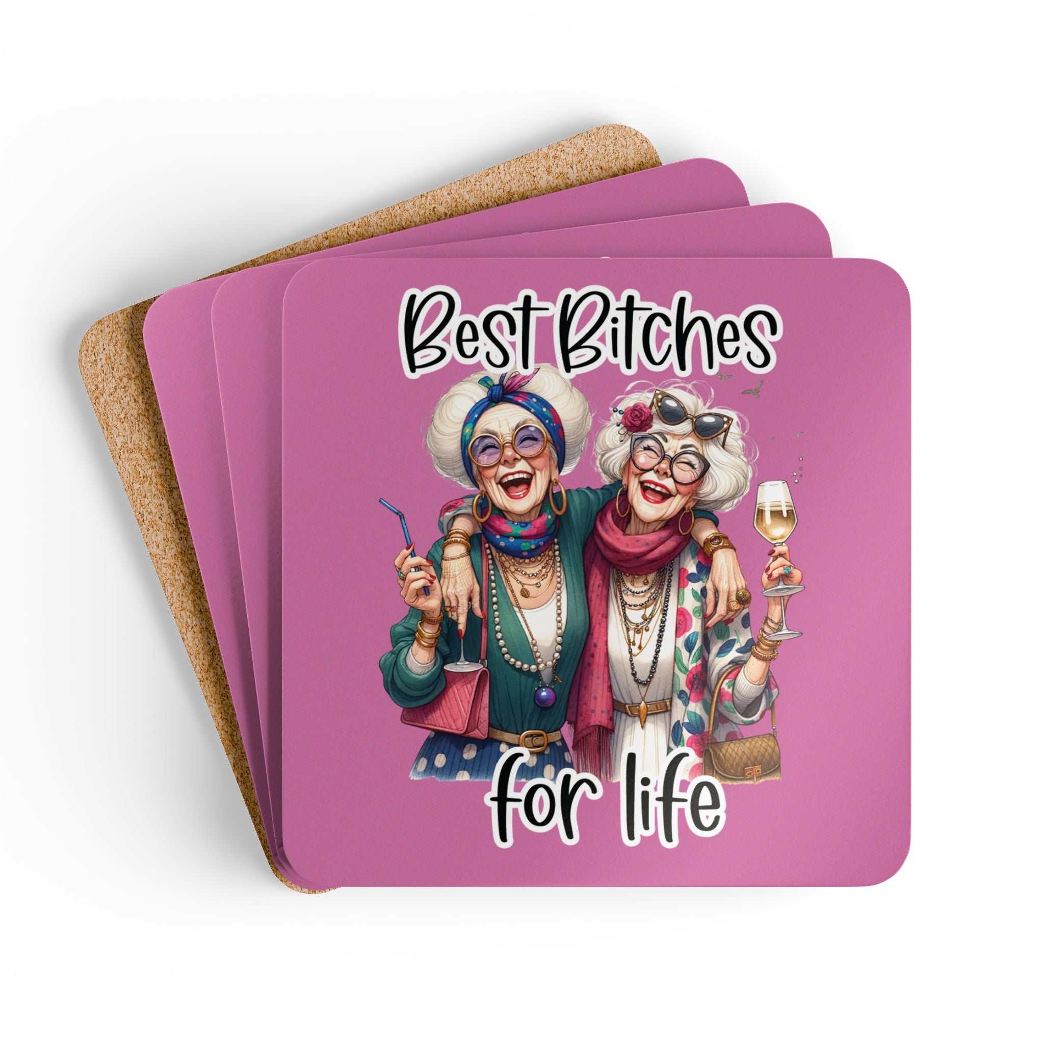 Best Bitches For Life Coaster Set with cheeky design and cork back.
