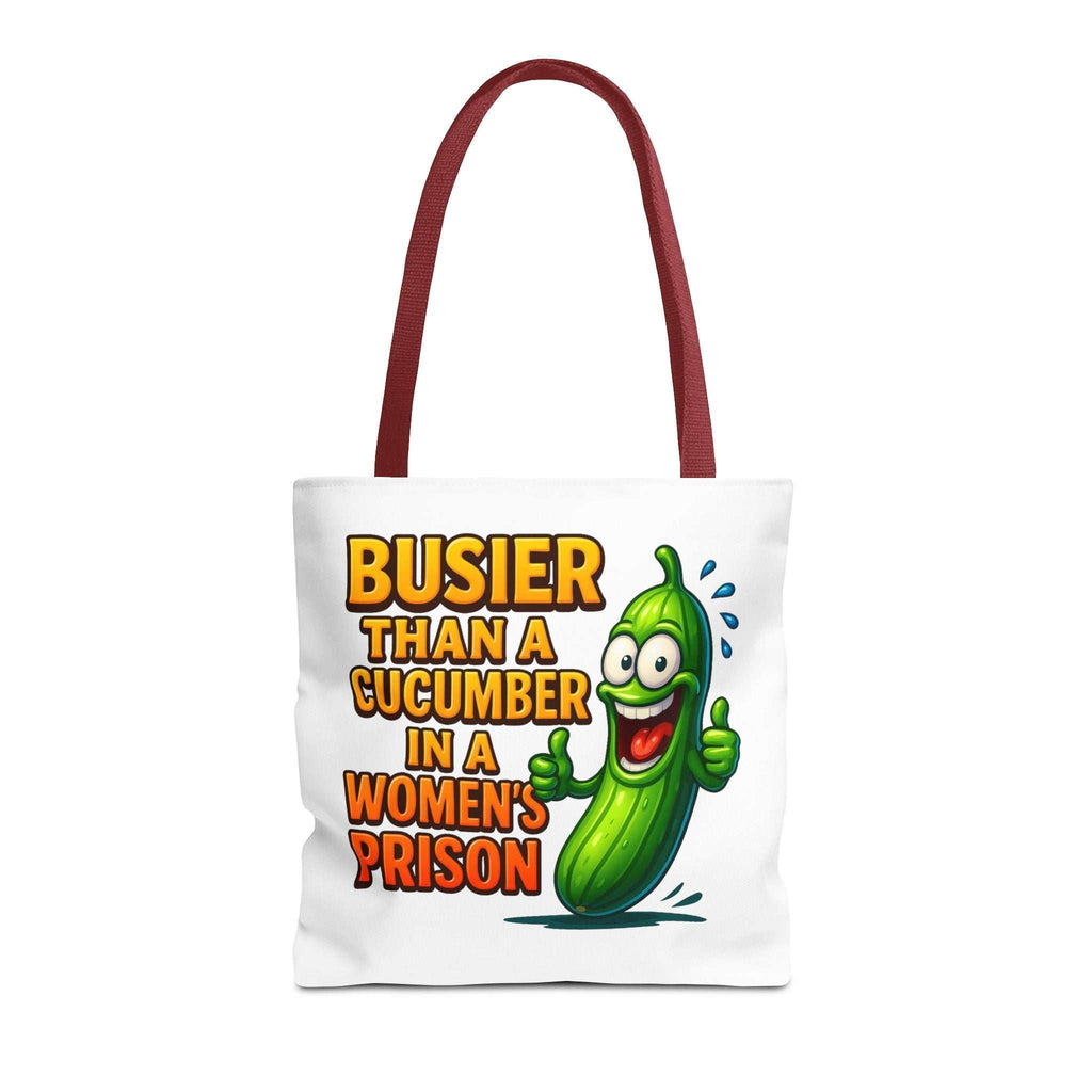 Busier Than a Cucumber Tote Bag with cheeky design, durable polyester, multiple sizes and handle colors, perfect for daily use
