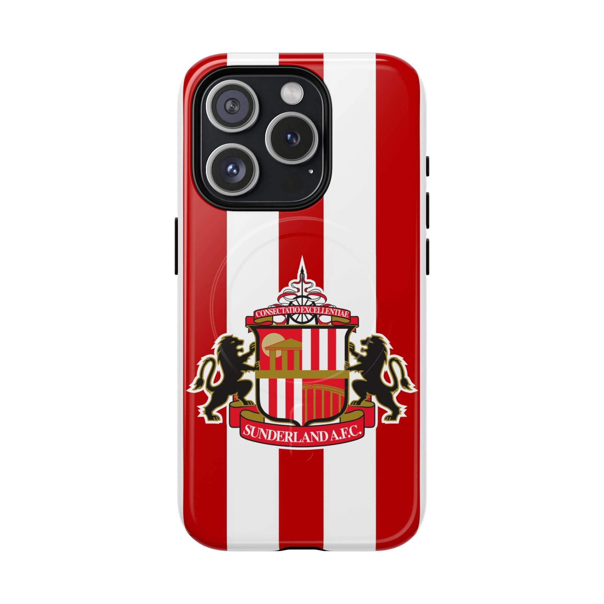 Sunderland FC iPhone case with red and white stripes and club crest, MagSafe compatible, dual-layer protective design
