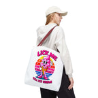 Cheeky Lick Me Till Ice Cream Tote Bag with colorful handles in durable spun polyester, available in three sizes for everyday use