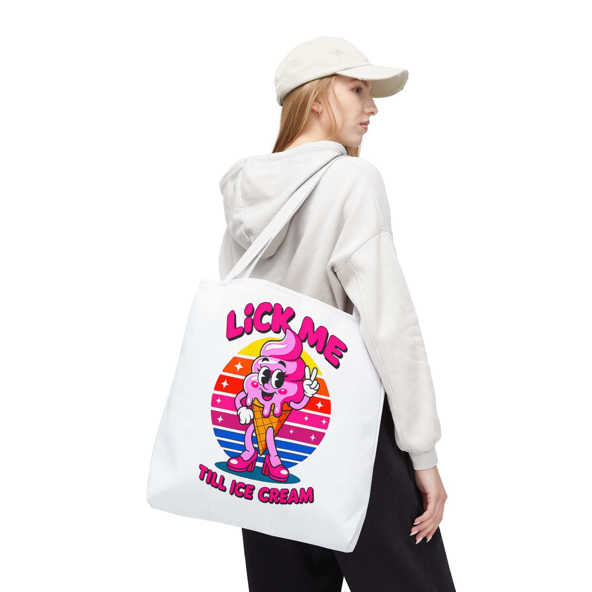 Lick Me Till Ice Cream Tote Bag with cheeky design and colorful handles in durable polyester