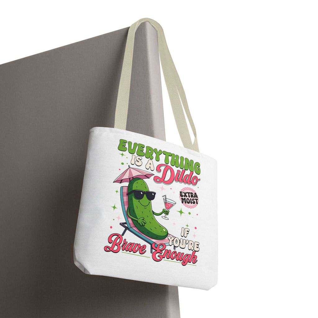 Cheeky Quote Pickle Tote Bag with fun design, durable polyester, cotton straps, and multiple handle colors for everyday use