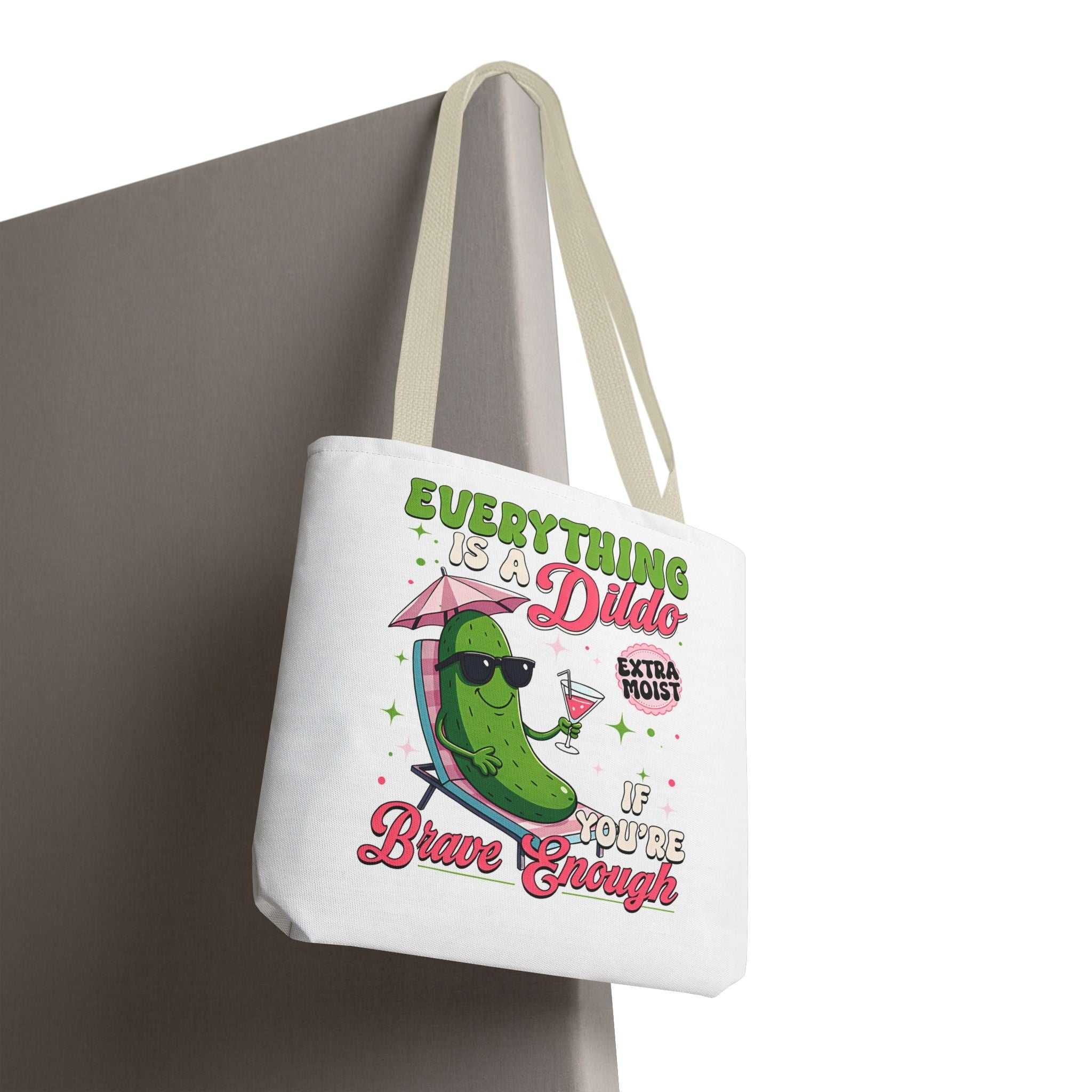 Cheeky Quote Pickle Tote Bag with fun design, durable polyester, cotton straps, and multiple handle colors for everyday use