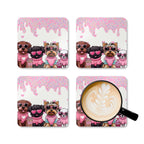 Cute puppy coaster set with playful dog designs, includes four non-slip, heat-resistant coasters with cork backing.