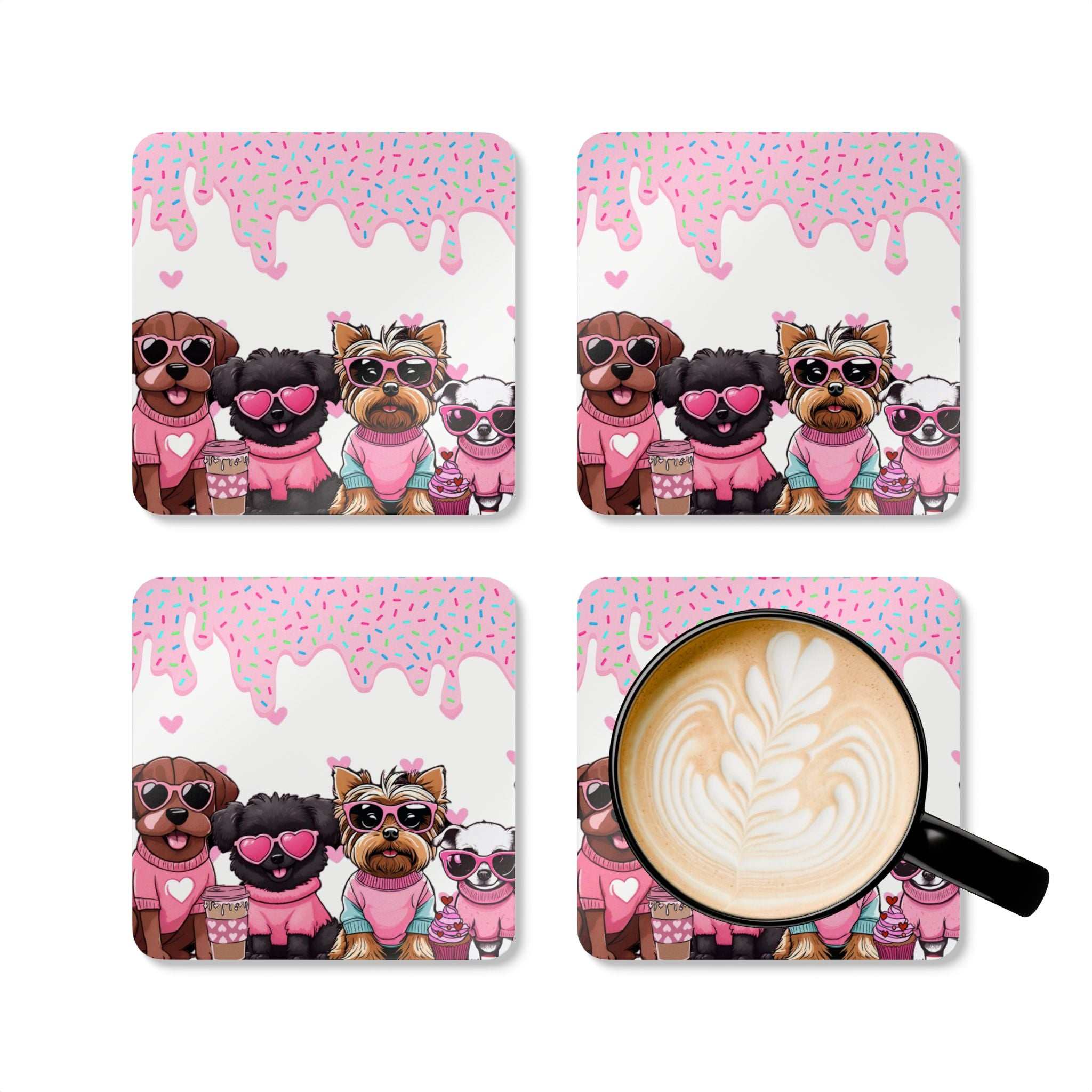 Cute puppy coaster set with playful dog designs, includes four non-slip, heat-resistant coasters with cork backing.