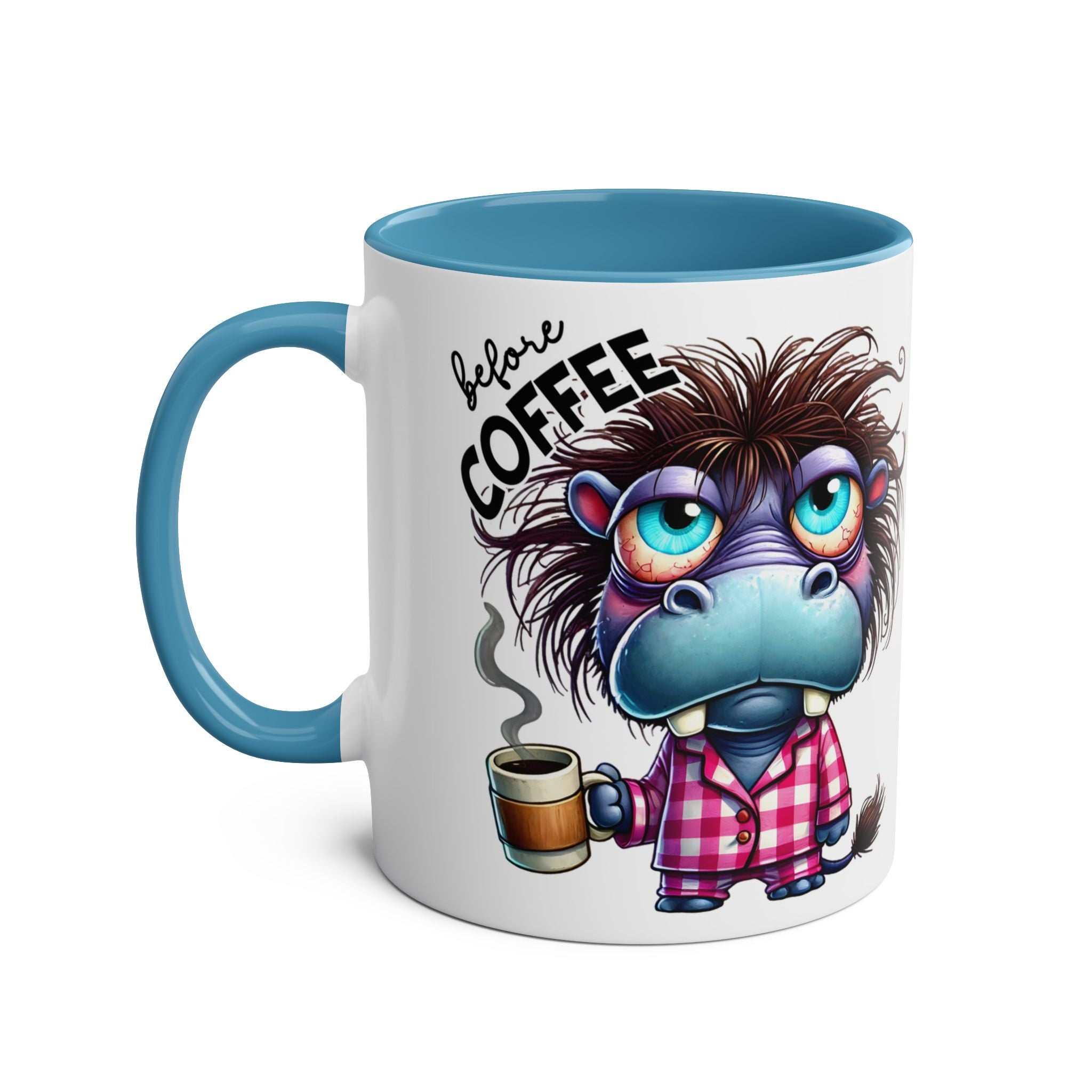 Fun Sarcastic Coffee Mug with cartoon and "Before Coffee" text, available in 7 colors.