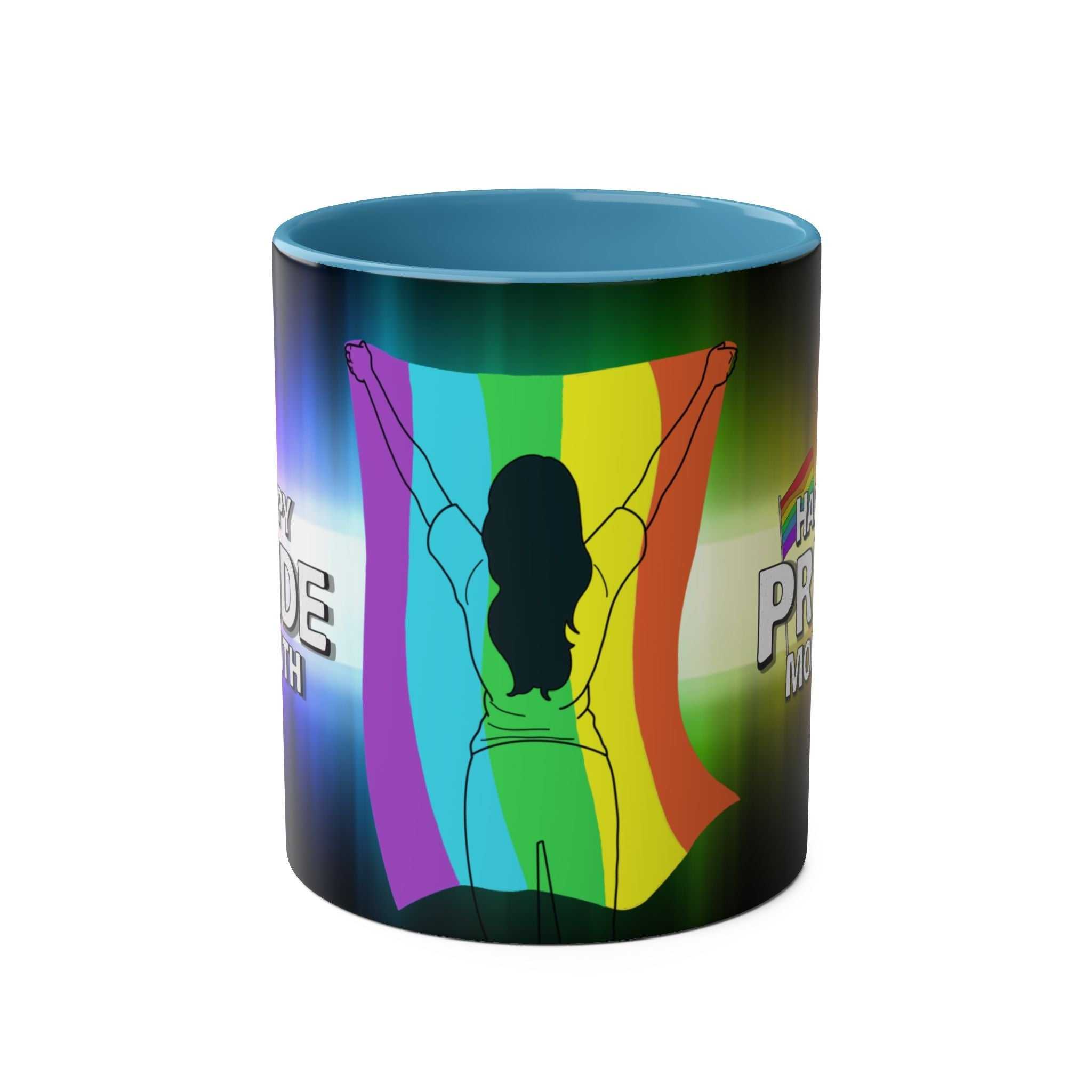 Vibrant LGBTQ+ Pride mug with rainbow design and glossy finish.