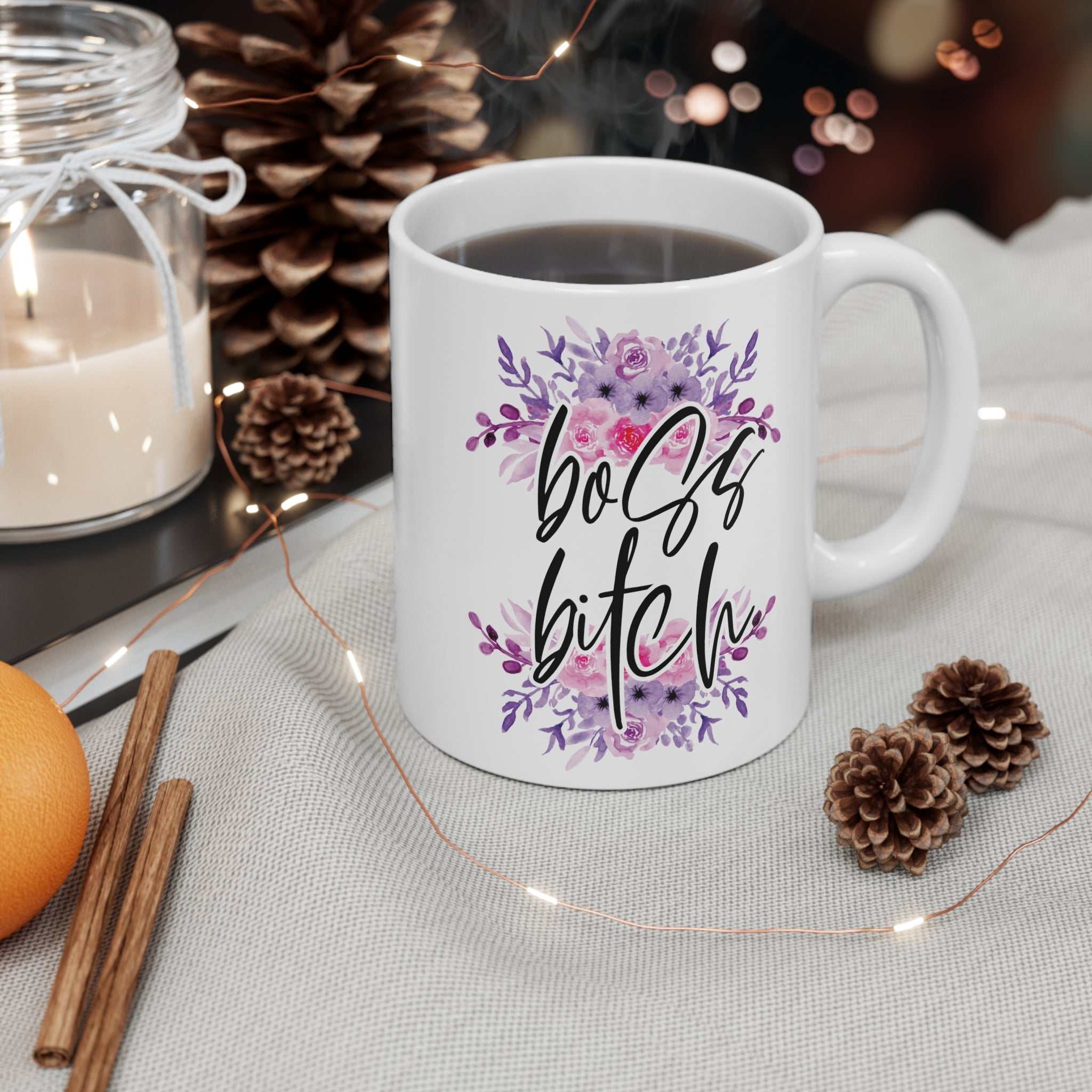 Boss Bitch Ceramic Mug with purple floral design, glossy finish, 11oz ceramic coffee mug.