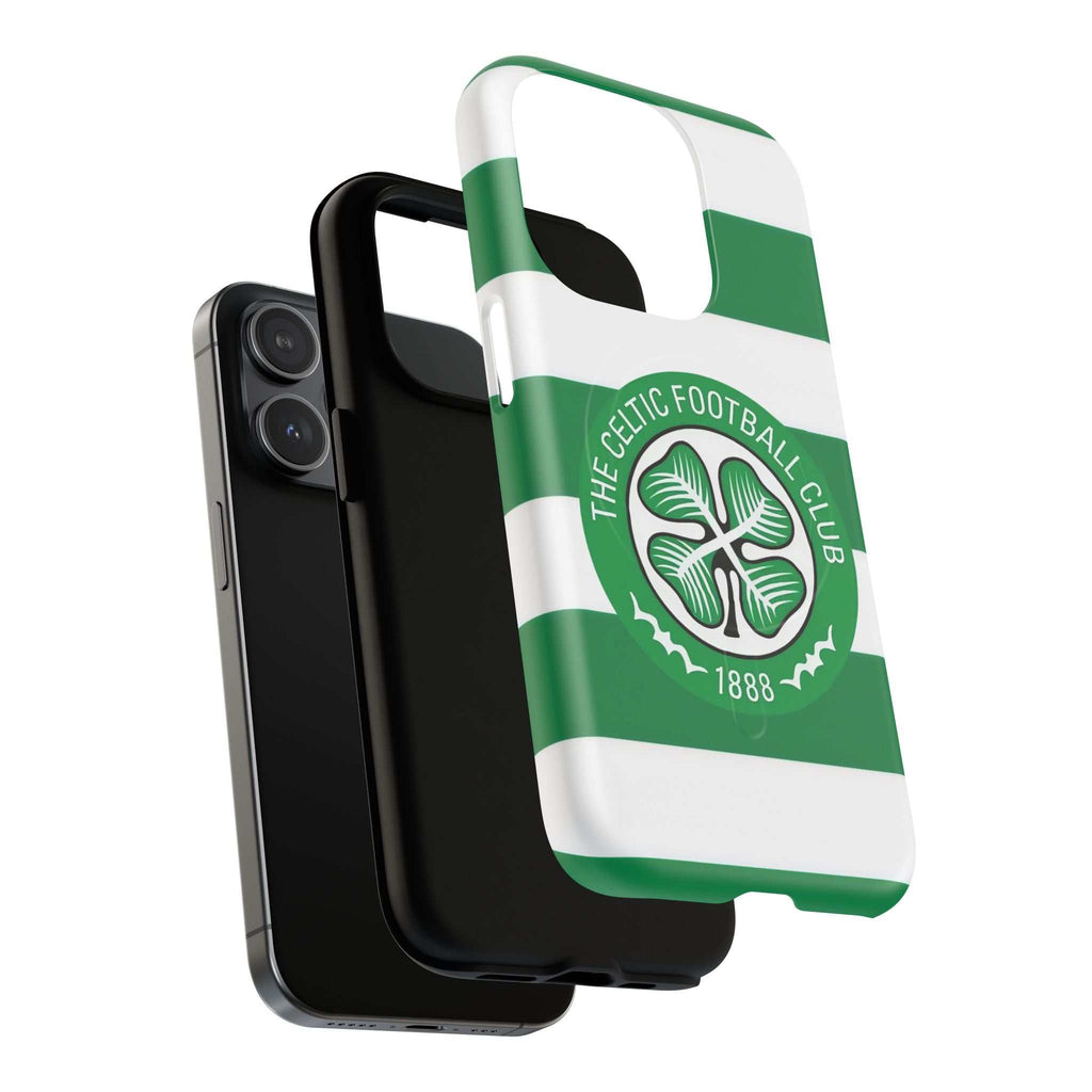Celtic MagSafe iPhone Case with green and white stripes and Celtic Football Club crest, dual-layer protective design compatible with MagSafe charging