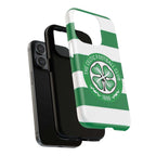 Celtic MagSafe iPhone Case with green and white stripes and Celtic Football Club crest, dual-layer protective design compatible with MagSafe charging