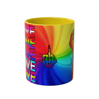 LGBTQ+ Pride Mug with colorful rainbow design and glossy finish.