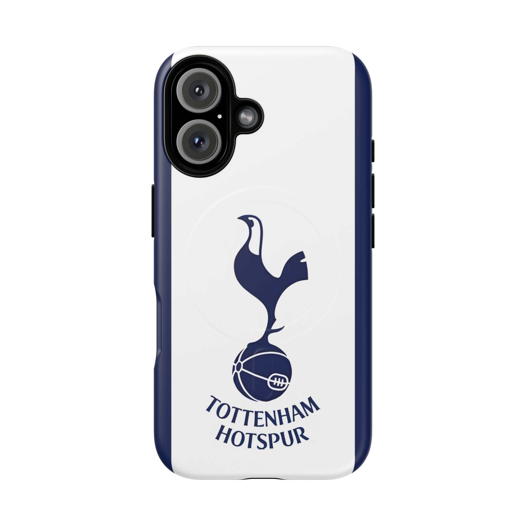 Tottenham FC MagSafe iPhone case in white and navy with Spurs crest, dual-layer protection, and MagSafe compatibility