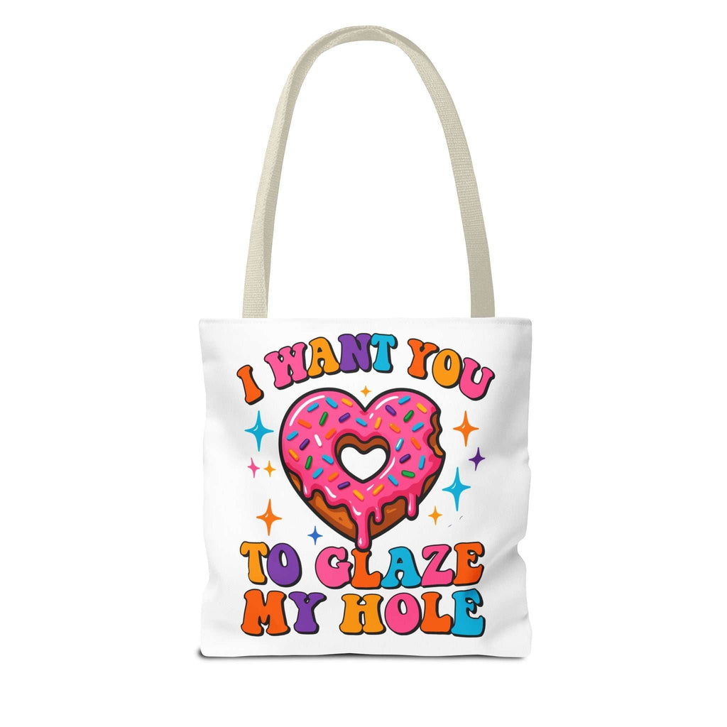 Glaze My Hole Donut Tote Bag with cheeky donut design and colorful handles