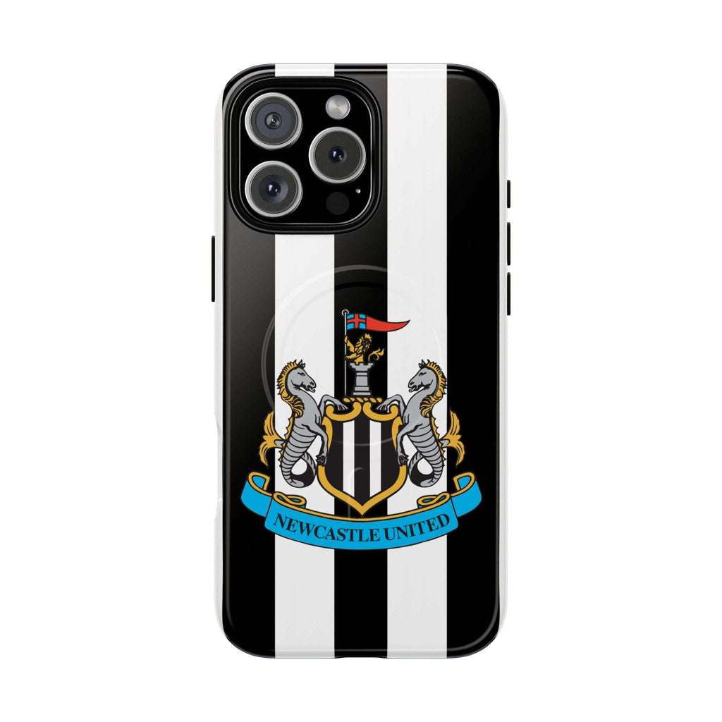 Newcastle United MagSafe iPhone case with black and white stripes and official-inspired crest, dual-layer protective design, MagSafe compatible.