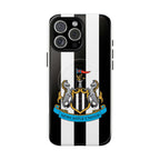 Newcastle United MagSafe iPhone case with black and white stripes and official-inspired crest, dual-layer protective design, MagSafe compatible.