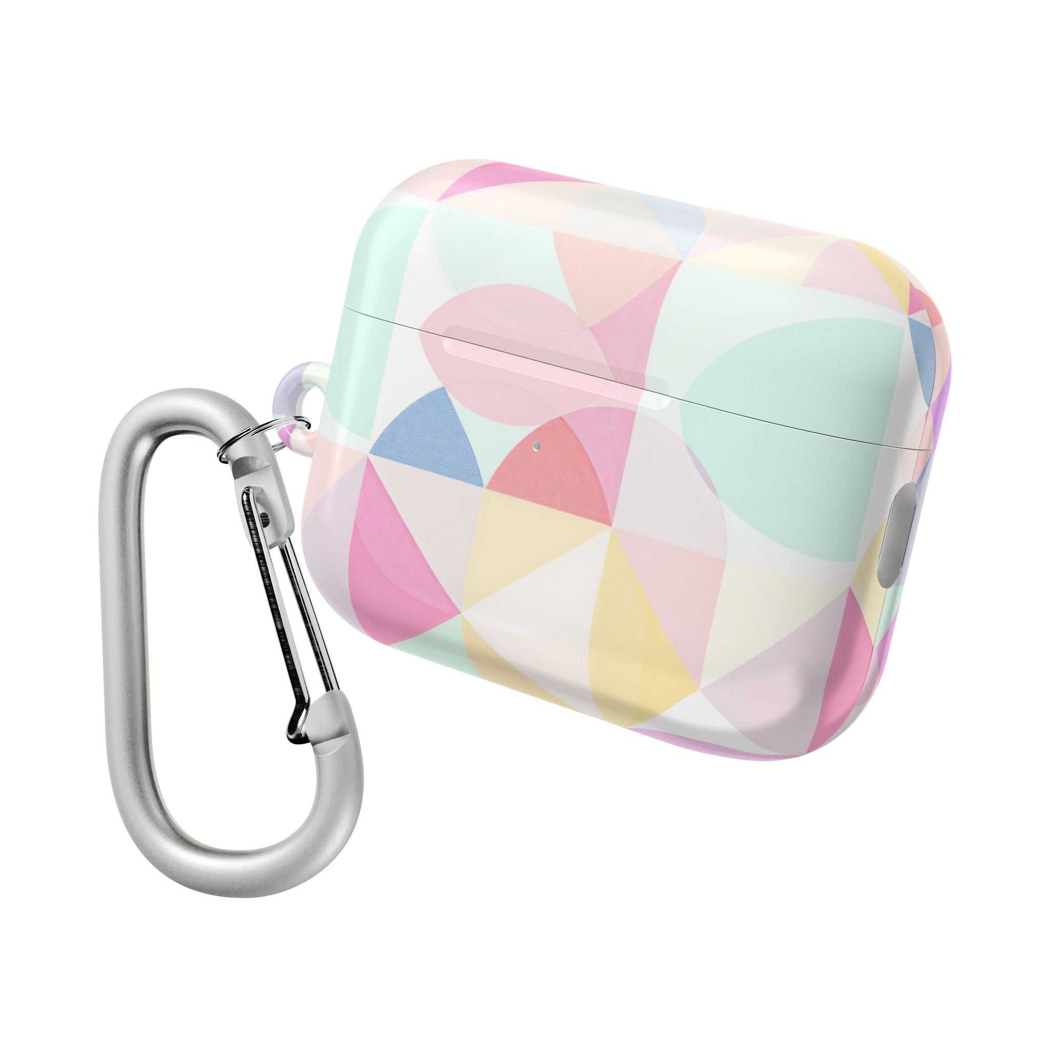 Pastel geometric print hard shell AirPods case with carabiner clip and glossy finish