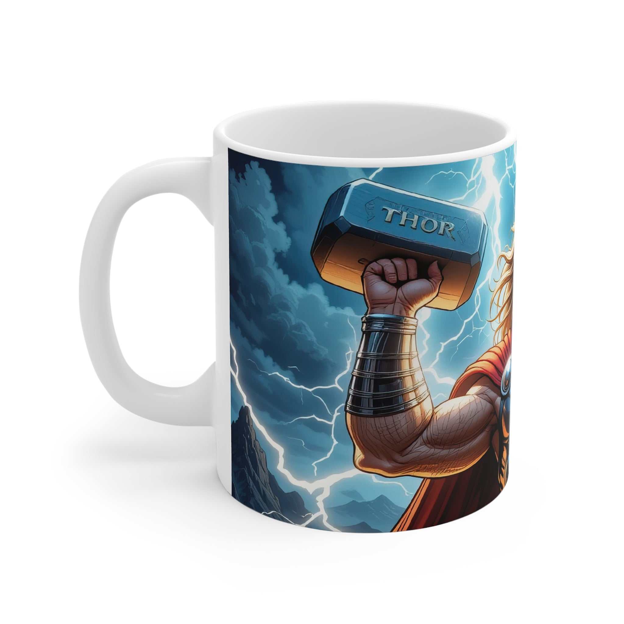 White ceramic mug featuring a vibrant Thor-inspired design with lightning and the hammer labeled "THOR" for Marvel superhero fans.