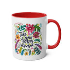 Take Your Fuckery Elsewhere Coffee Mug with floral design and red handle, 11oz ceramic, available in seven colors.