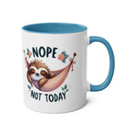 Cute sloth coffee mug with "Nope, Not Today" design, blue handle, perfect gift for animal lovers.