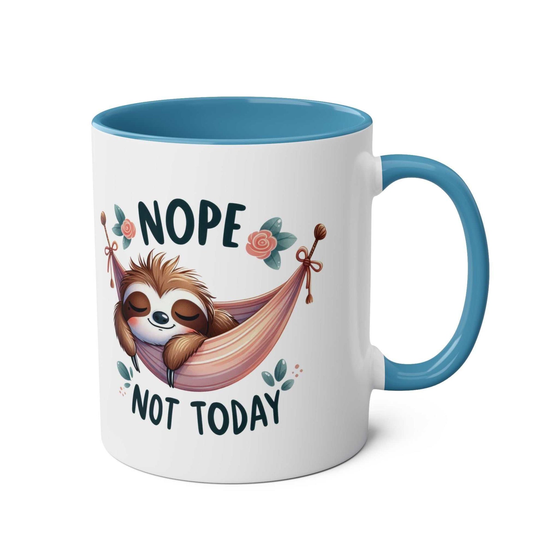 Cute sloth coffee mug with "Nope, Not Today" design, blue handle, perfect gift for animal lovers.