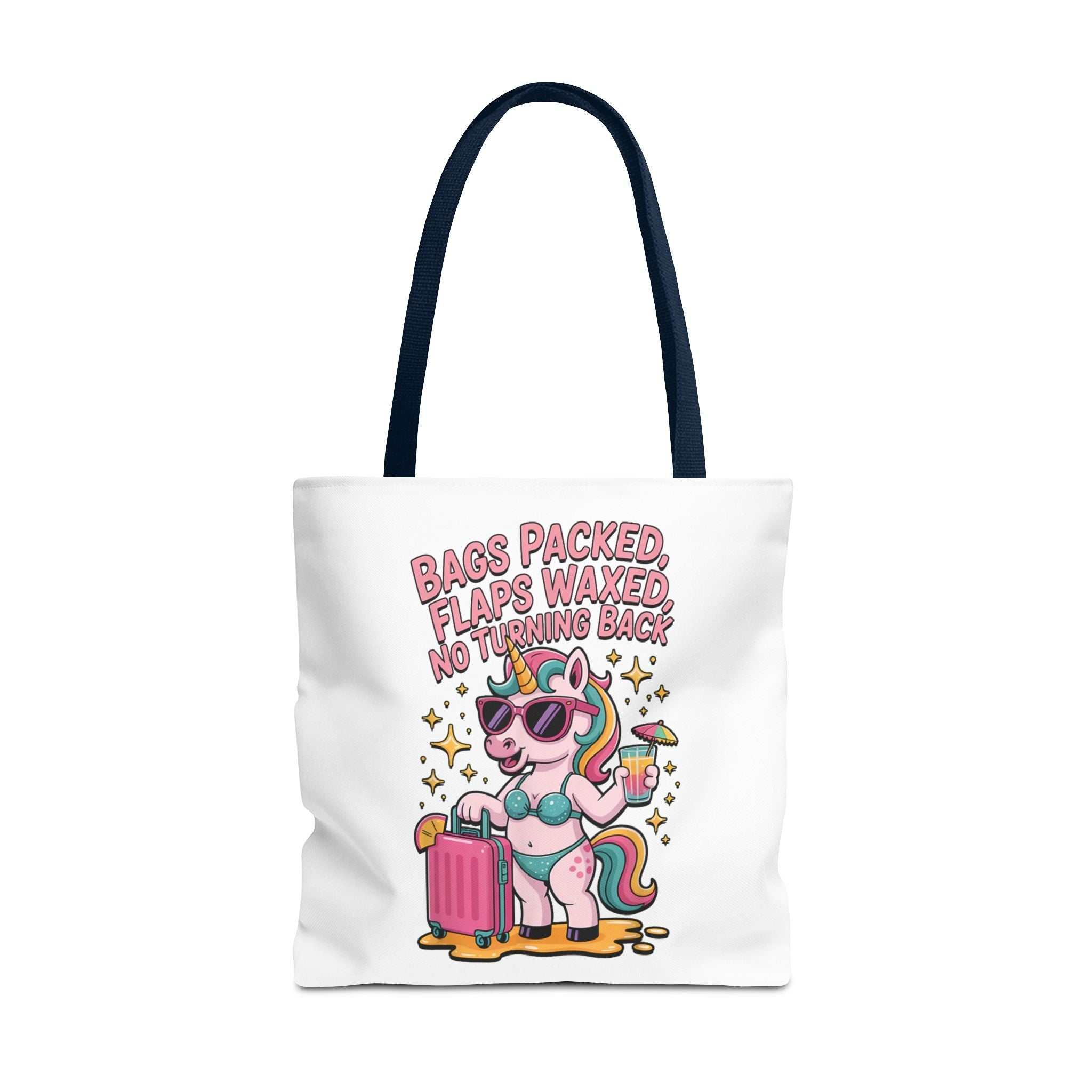 Colorful fun unicorn travel tote bag with playful design and multiple handle color options