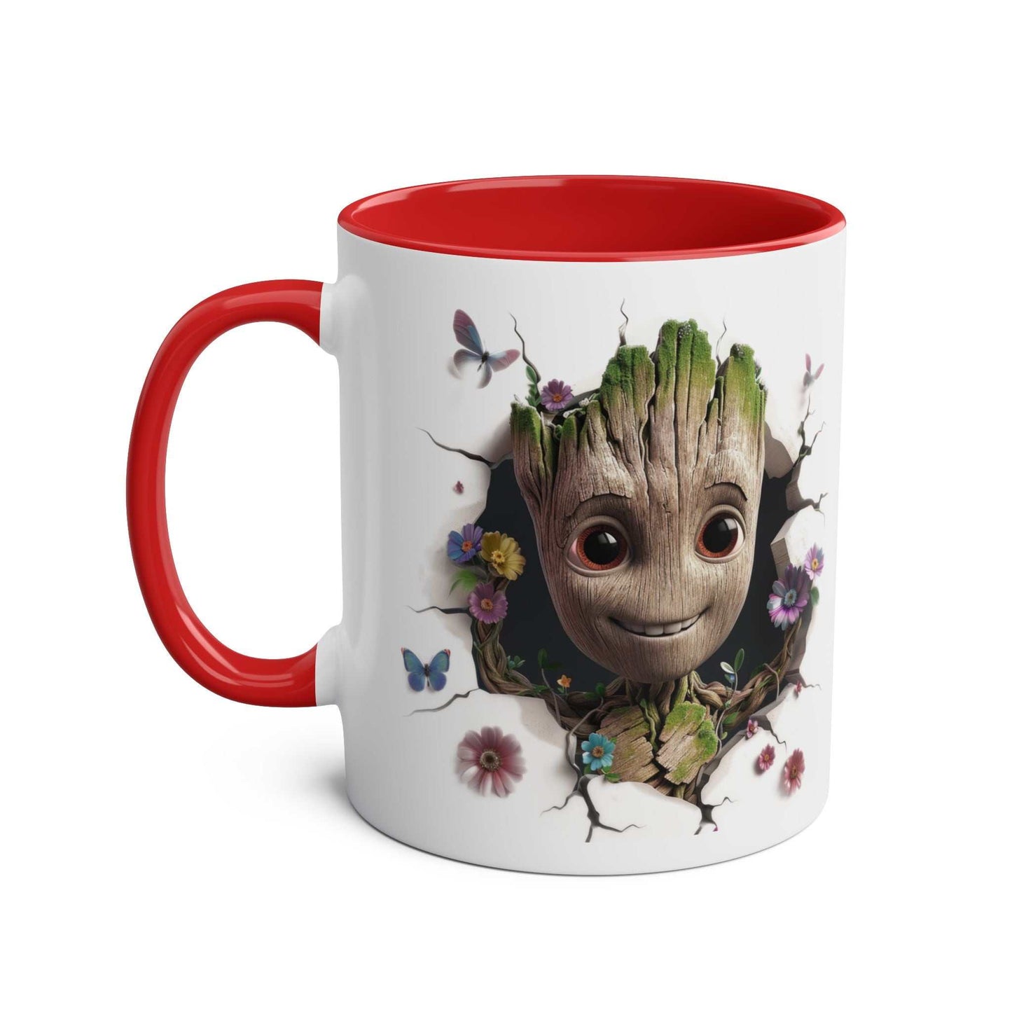 Baby Groot inspired coffee mug with a colorful design, 11oz ceramic, glossy finish, microwave and dishwasher safe.