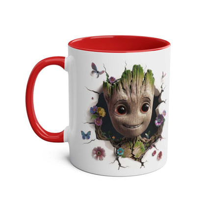Baby Groot inspired coffee mug with a colorful design, 11oz ceramic, glossy finish, microwave and dishwasher safe.